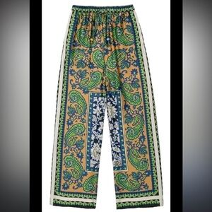 Zara Womens M Paisley Printed Satin Lounge Pajama Pants Pull On